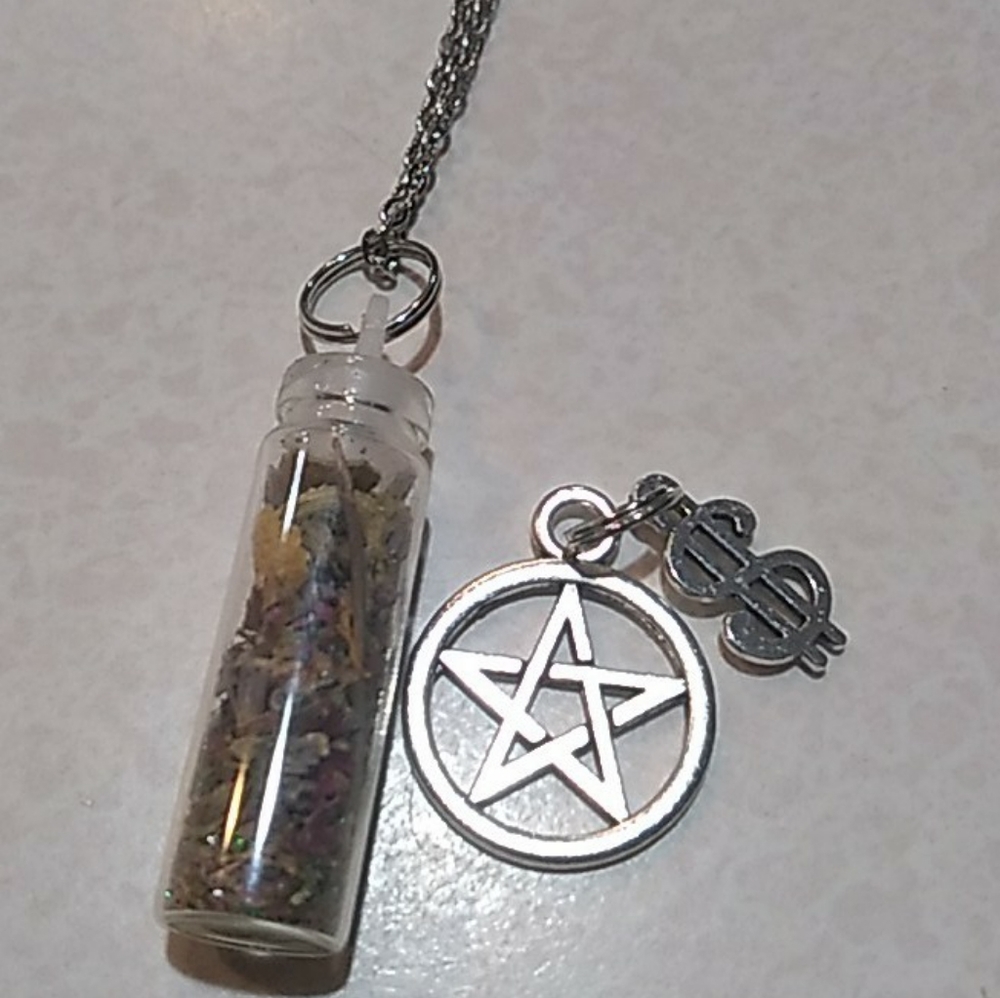🌀 Spell bottle necklace herbs charms & stones Love, money, Protection, fer…